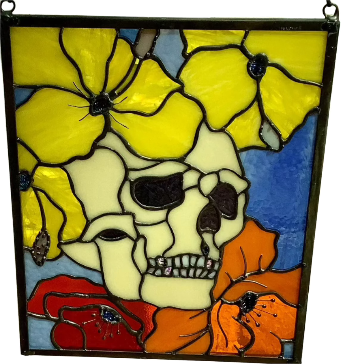 Skull with Poppies Stained Glass